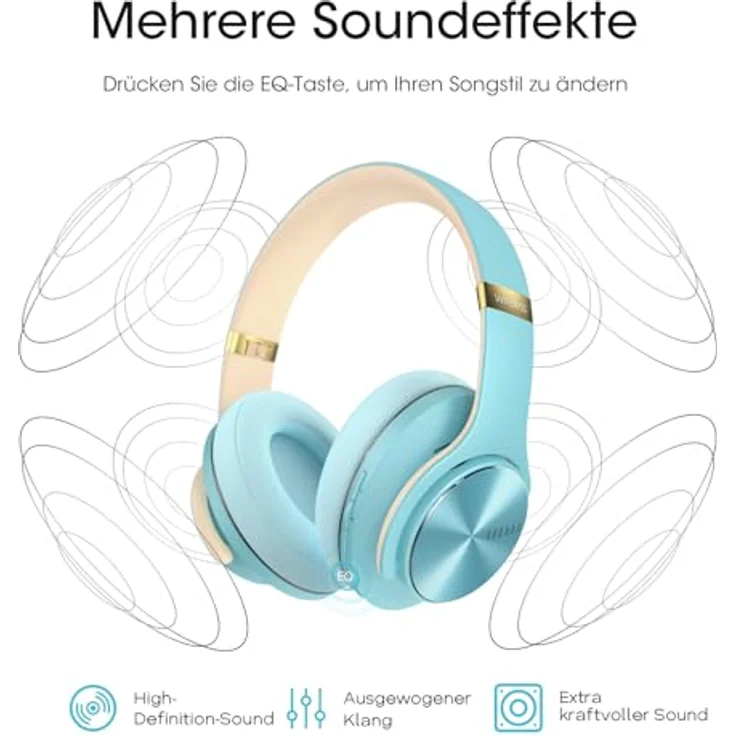 DOQAUS Care 1, Bluetooth Kopfhörer Over Ear mit bis zu 90 Std. Akkulaufzeit, 3 EQ-Modi, HiFi Stereo, faltbar, Mikrofon, weiche Ohrpolster, für iPhone/iPad/Android/Laptops - Kristallblau – Bild 4