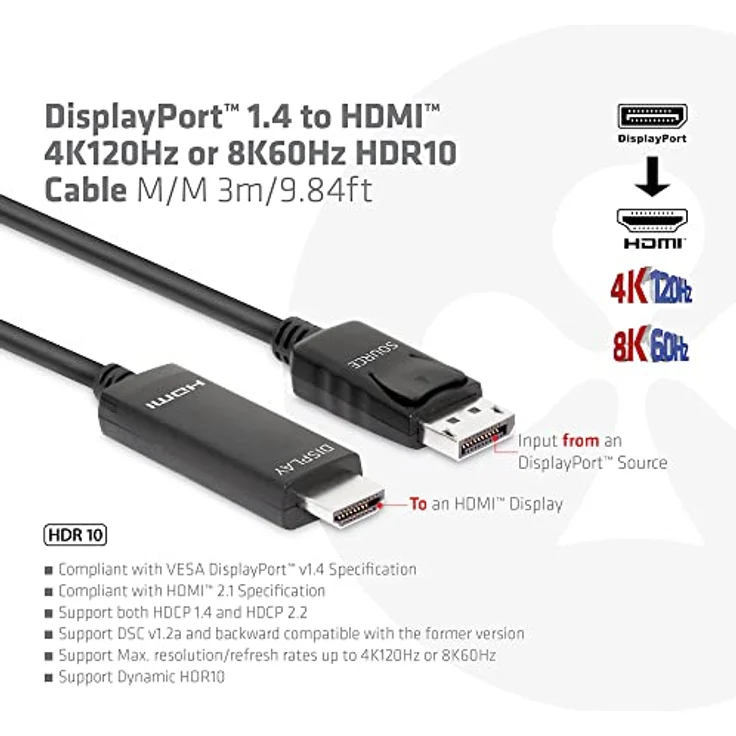 CLUB3D CAC-1087 DisplayPort 1.4 auf HDMI 4K120Hz oder 8K60Hz HDR10 Kabel 3m St./St. – Bild 2