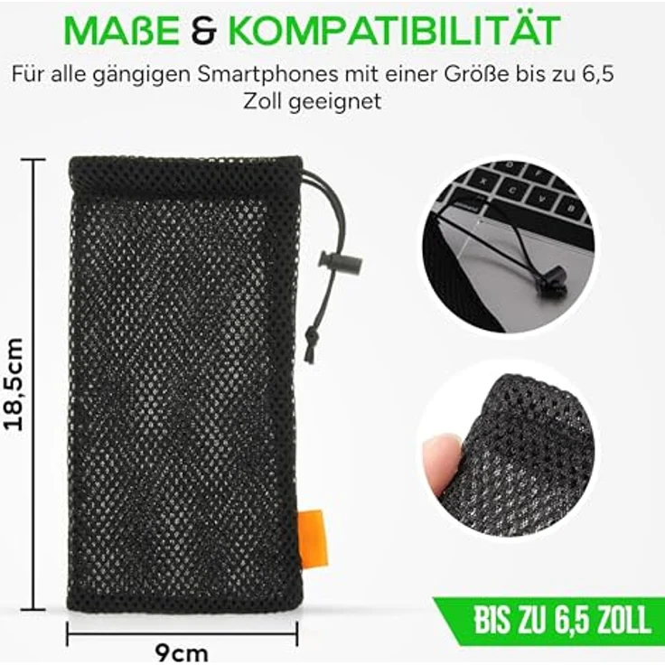 wortek Universal Handytasche 18,5 x 9 cm, Handysocke für Smartphones bis 6,5 Zoll, elastisches Nylon Mesh, schwarz – Bild 3