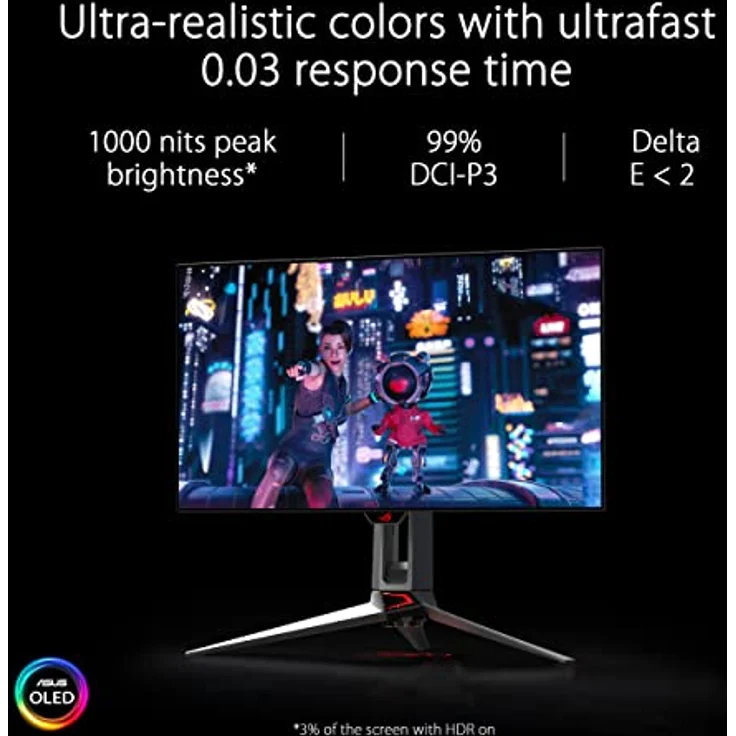 ASUS ROG Swift OLED PG27AQDM | 27 Zoll WQHD Gaming Monitor | 240 Hz, 0.03ms GtG, G-Sync, FreeSync, GameFast Input, HDR 10 | 10-bit OLED Panel, 16:9, 2560x1440, DP 1.4, HDMI, USB-Hub, ergonomisch – Bild 3