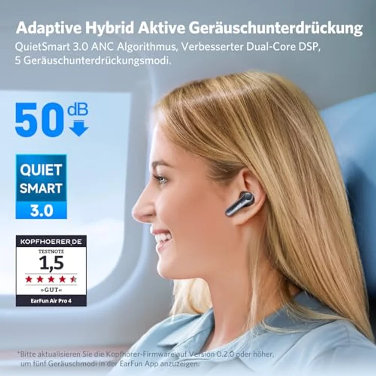 EarFun Ear Air Pro 4 Bluetooth Kopfhörer mit Adaptive Hybride Geräuschunterdrückung, aptX Lossless, Hi-Res Audio, LDAC, 6 Mikrofone cVc 8.0 AI Anrufe, 52H Akku, Multipoint, Bluetooth 5.4, In-Ear Detection - Schwarz – Bild 2