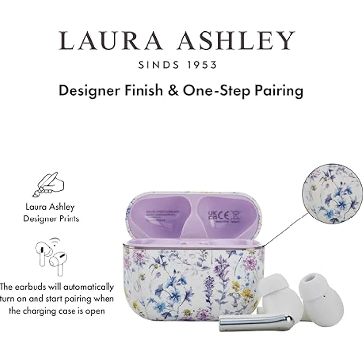 Laura Ashley Kabellose Ohrhörer TWS 5.3 mit ENC, Bluetooth für iPhone & Android, Handgefertigter Design-Print, 8h Akkulaufzeit, USB-C Ladeport – Bild 3