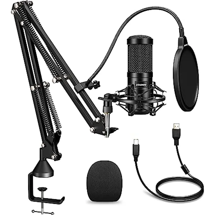 aokeo USB Mikrofon Set, 192kHz/24bit Kondensatormikrofon mit Mikrofonständer, Popfilter, Windschutz, für Podcasting und Streaming