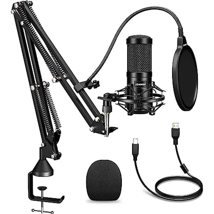 aokeo USB Mikrofon Set, 192kHz/24bit Kondensatormikrofon mit Mikrofonständer, Popfilter, Windschutz, für Podcasting und Streaming – Bild 1