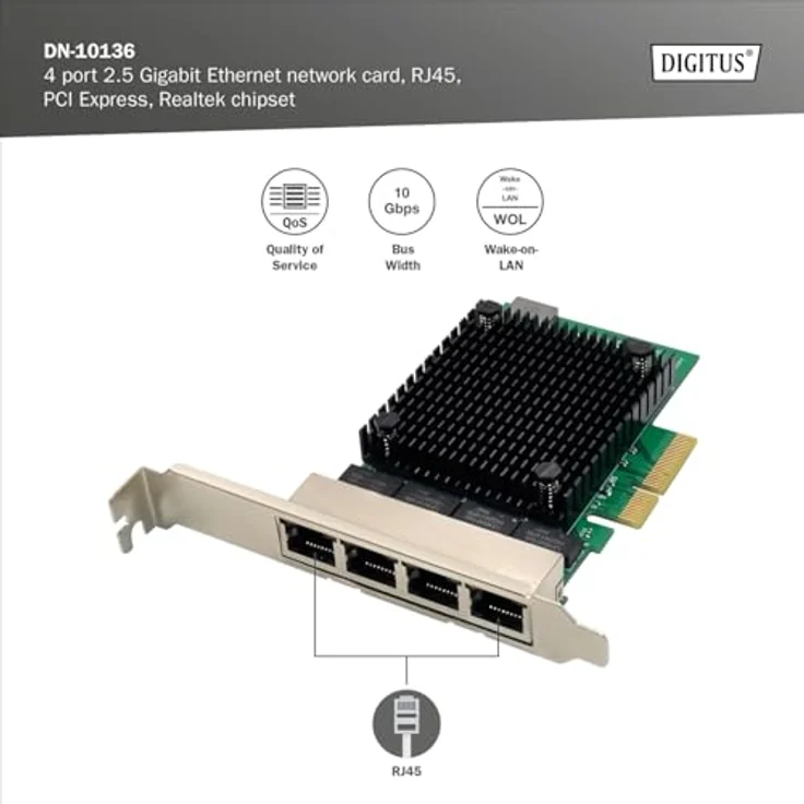DIGITUS 2.5 Gigabit Ethernet Server Netzwerkkarte - 4 Port RJ45 - RTL8125B - 10/100/1000/2500 Mbps, PCI-Express x4, Schwarz – Bild 2