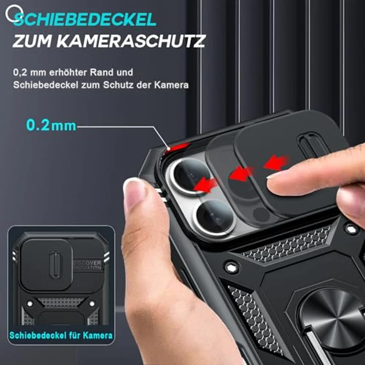 LeYi iPhone 16 Pro Max Hülle mit Kameraabdeckung, Militärschutz, 360° drehbarem Ständer und 2 Schutzgläsern - Schwarz – Bild 2