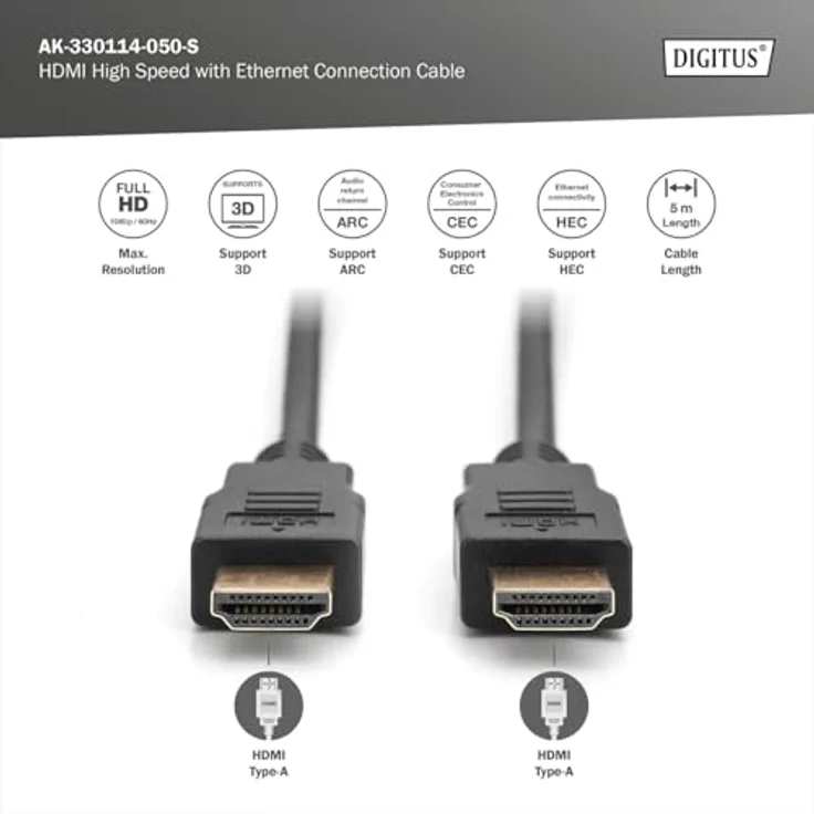 ASSMANN HDMI Anschlusskabel High Speed with Ethernet TYP A St-St 1.4 AWG32 vergoldet 2xgeschirmt schwarz-grau 5,0m – Bild 3