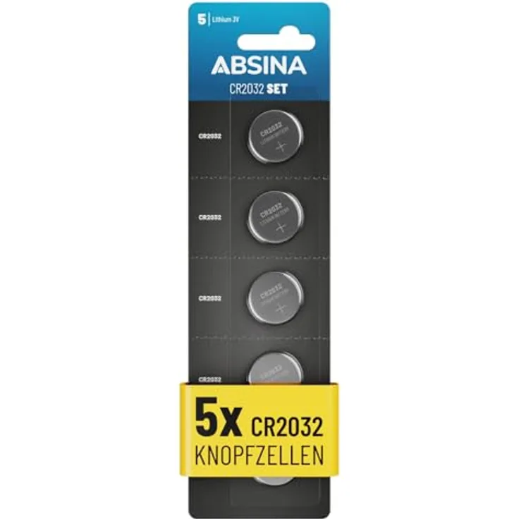 ABSINA Knopfzellen CR2032 3V 5er Pack - Auslaufsicher & langlebig - Für Autoschlüssel uvm.