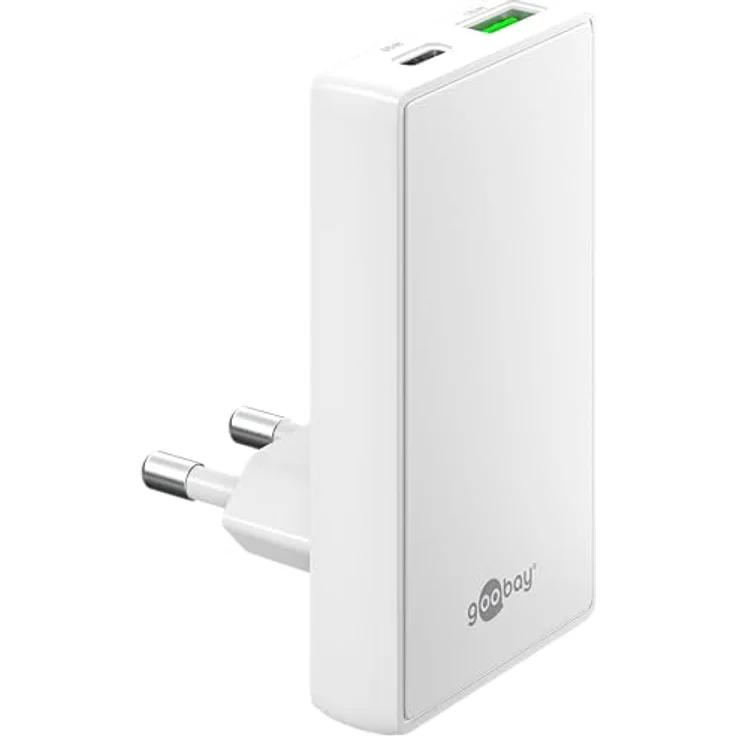 goobay 65W Flaches GaN USB C Ladegerät, Dual-Port (USB-C & USB-A) mit 90° Flat Design, ultraflach und platzsparend, für Apple, Samsung, Huawei und Tablets, Weiß – 75724 – Bild 1
