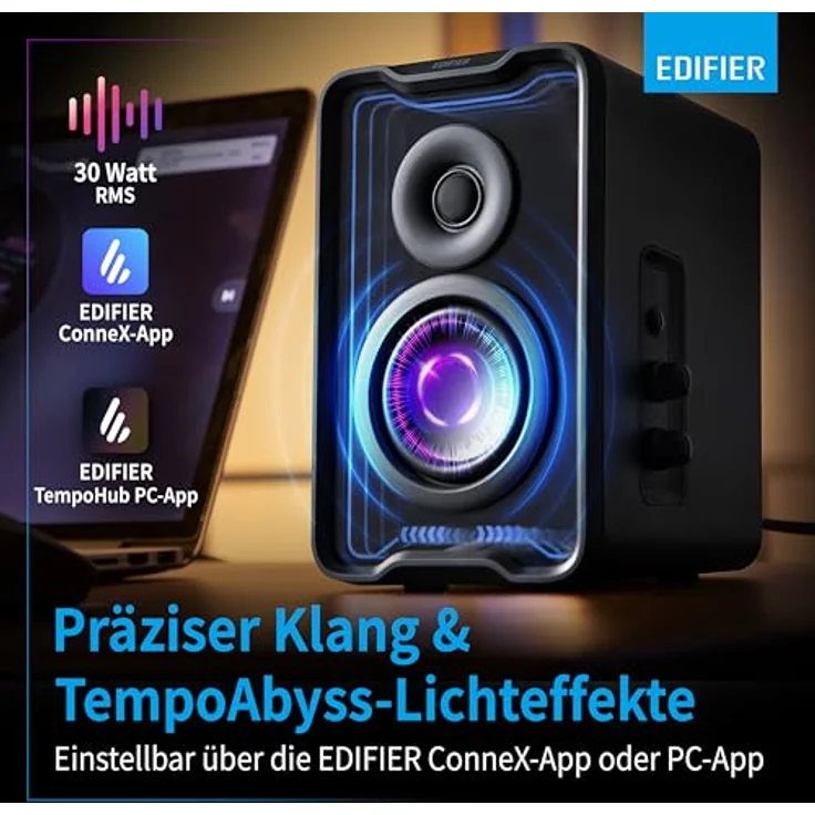 Edifier QR30 Aktiver Desktop-Lautsprecher mit Bluetooth V5.4, dynamische Lichteffekte – 30 Watt RMS – Schwarz – Bild 3