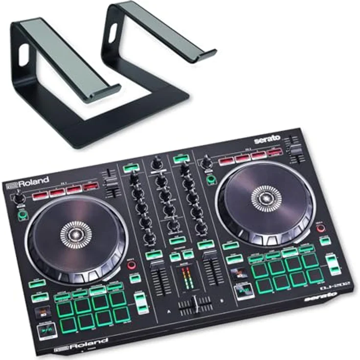 Roland DJ-202 2-Kanal 4-Deck USB-DJ-Controller mit Serato DJ Intro und keepdrum Laptopständer, schwarz – Bild 1