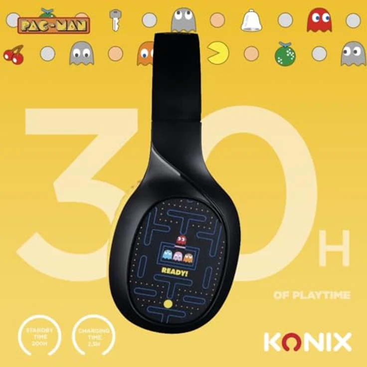 Konix Pac-Man Kabellose Bluetooth 5.3-Kopfhörer – 30 Stunden Akkulaufzeit – 3,5-mm-Klinkenkabel – Schwarz und Gelb – Bild 5
