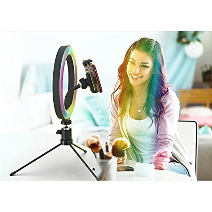 DigiPower 10" RGB Ringlicht mit 3 Beleuchtungsmodi, 15 RGB Farben und 10 Helligkeitsstufen, Smartphone-Halterung (iOS/Android), für für Make-Up, YouTube, TikTok und Vlogging, DP-VRL10RGB, schwarz – Bild 3