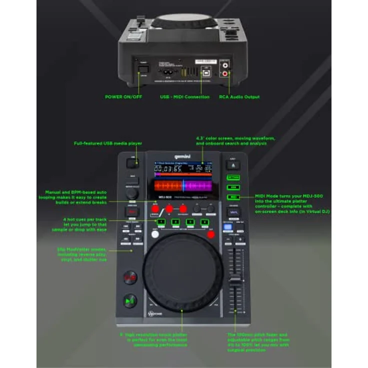 Gemini Sound MDJ-500 - Professioneller Media Player mit 4 Hot Cues und Auto / Manual Looping, Farbbildschirm, MIDI, 24-Bit / 192kHz Soundkard, Black – Bild 5