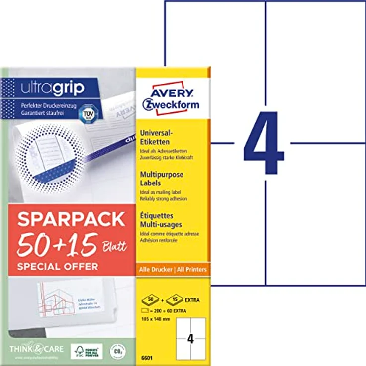 AVERY Zweckform 6601 Universal Etiketten (200 plus 60 Klebeetiketten extra, 105x148mm auf A4, Papier matt, bedruckbare Versandetiketten, selbstklebende Versandaufkleber mit ultragrip) 65 Blatt, weiß – Bild 1