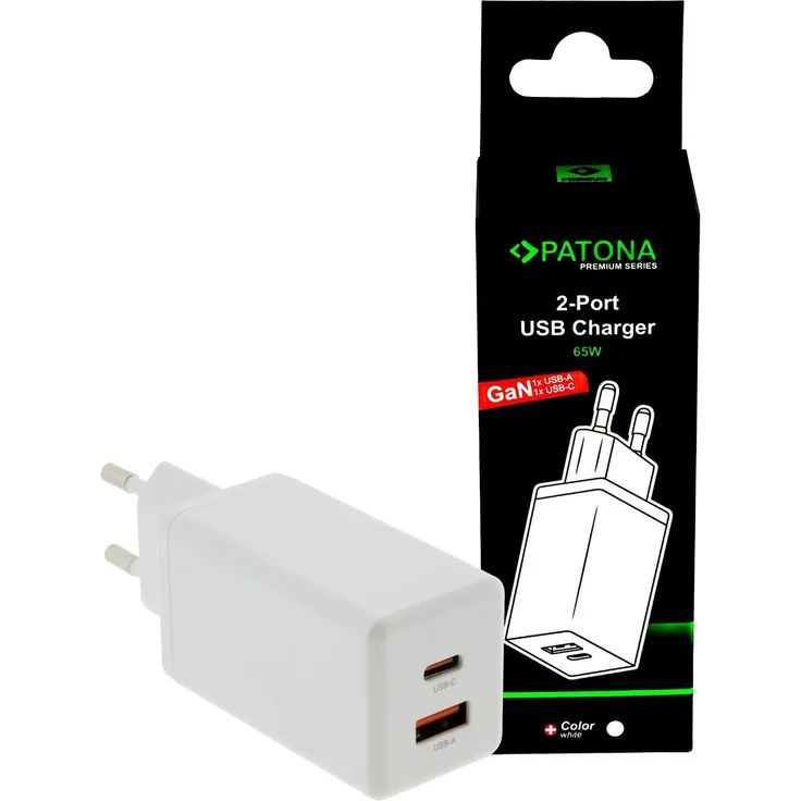 Patona GaN PD 65W USB-C + USB-A, effizientes USB Ladegerät mit Schnellladefunktion, weiss