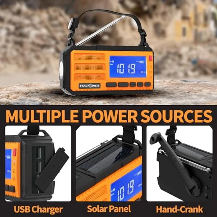 FosPower FOSPWB-2436PP, NOAA/AM/FM Notfallradio mit 10.000 mAh Powerbank, USB/Solar/Handkurbel Aufladung, SOS-Alarm & Taschenlampe für drinnen und draußen – Bild 4
