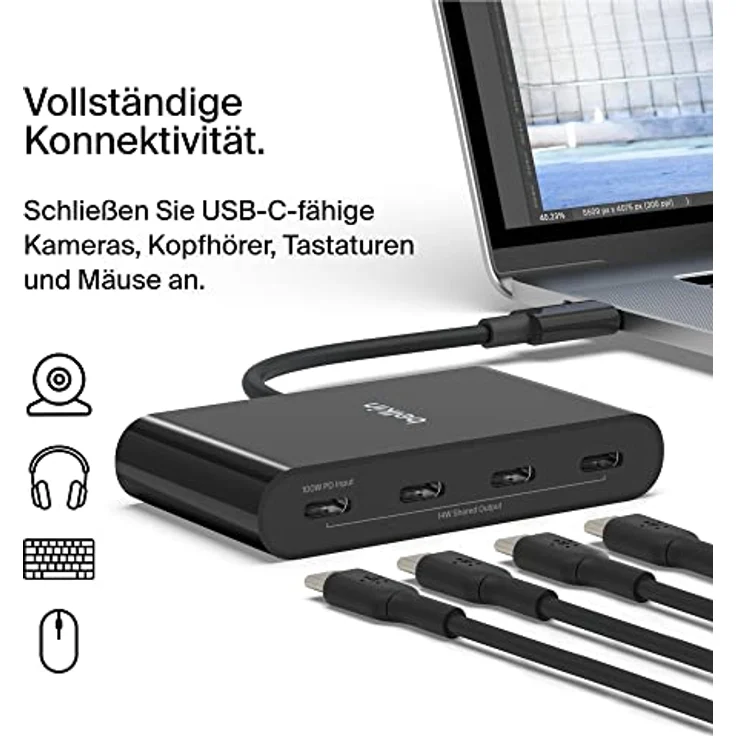 Belkin Connect USB-C™ auf 4-Port USB-C-Hub, Multiport-Adapter Dongle, 4 USB-C 3.2-Ports der 2. Gen., 100 W PD, Datentransfer mit maximal 10 Gbit/s für MacBook, iPad, Chromebook, Windows-Laptops usw. – Bild 2