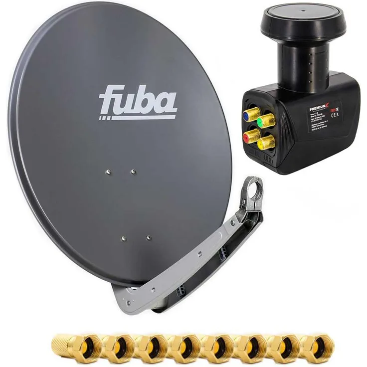 Fuba DAA 650 A PremiumX Quad LNB, 4 Teilnehmer SAT Komplettanlage mit 60x65 cm Parabolantenne in Anthrazit, witterungsbeständig, inkl. 8x F-Stecker