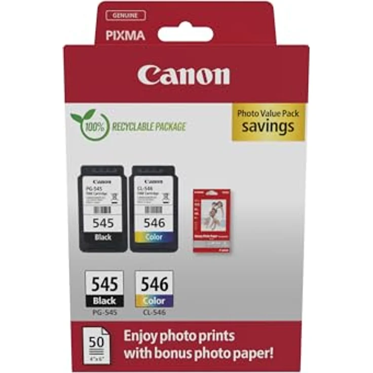 Canon Originaltinte PG-545 / CL-546 (2 Tintenpatronen; Schwarz+Farbe) - Photo Value Pack (inkl. Canon Fotopapier GP-501 50 Blatt 10x15cm) – Bild 1