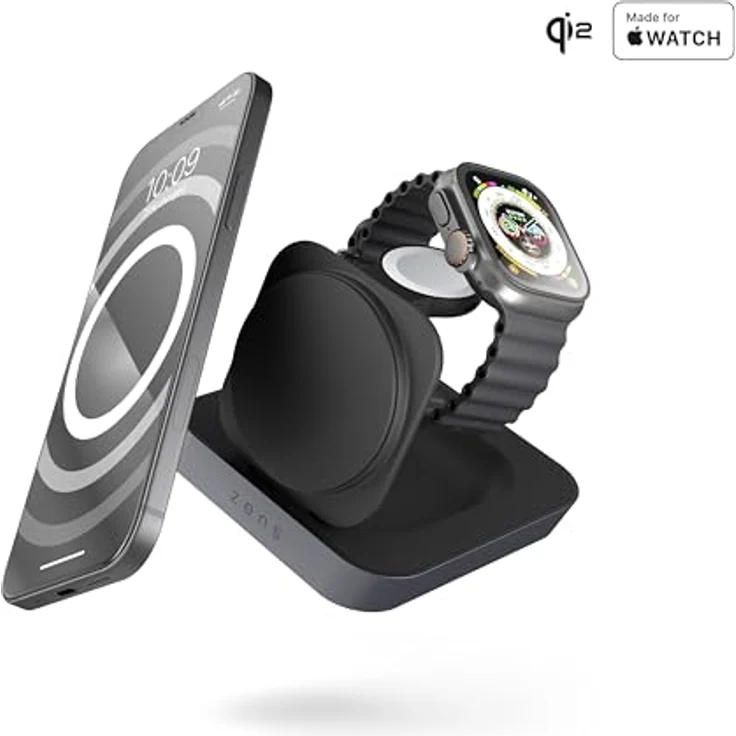 ZENS Nightstand Charger Pro 2 15 Watt 2in1 kabelloses Ladegerät kompatibel mit MagSafe und Qi2 (Qi2-zertifiziert, Made for Apple Watch, 20W Netzteil mit Kabel inklusive) Schwarz – Bild 2