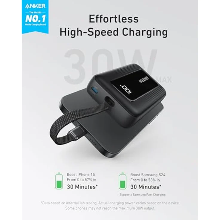 Anker Powerbank 10.000mAh, Zolo Power Bank 30W mit bi-direktionalem Schnellladen, integriertem USB-C Kabel, für iPhone 16/15 Modelle, MacBook, Galaxy, iPad, und mehr – Bild 2