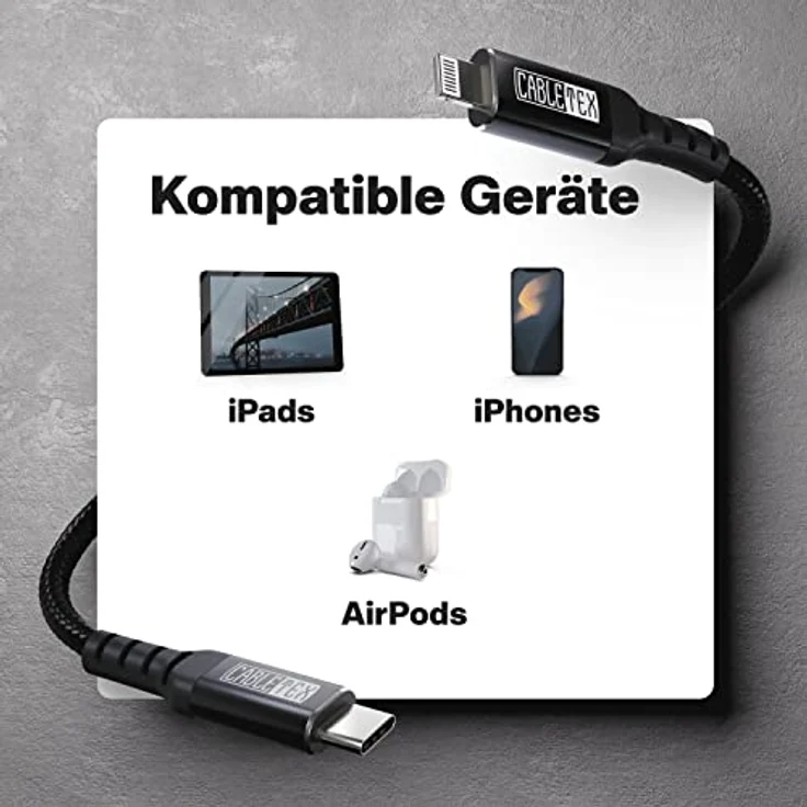 CABLETEX USB C zu Lightning Kabel, 2m MFi-zertifiziertes Ladekabel für iPhone und iPad, extrem haltbar, Nylonummantelung – Bild 3