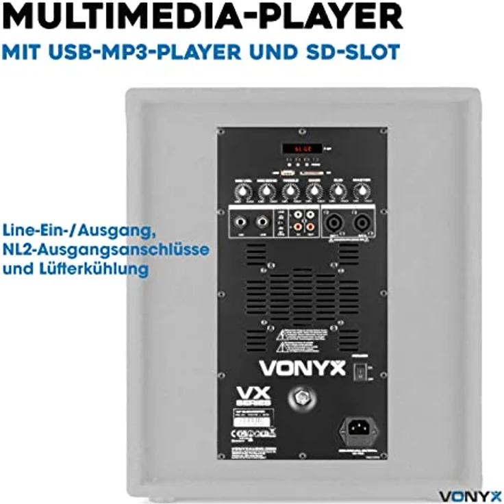 Vonyx VX0812BT, PA Anlage Komplettset mit aktivem Subwoofer, 2 passiven 8 Zoll Hochtönern, 800 Watt, Bluetooth, MP3 Player, USB, SD, Mikrofonanschluss, inkl. Boxenständer, mobiles DJ System – Bild 4