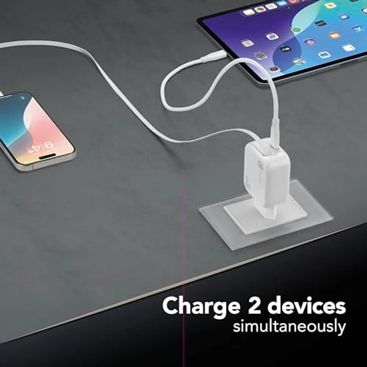 Cellularline 30W-Wandladegerät mit 90 cm einziehbarem USB-C-Kabel, GaN-Technologie, Doppeltem USB-C Power Delivery-Anschluss, kompakt für Smartphones und Tablets, Weiß – Bild 2