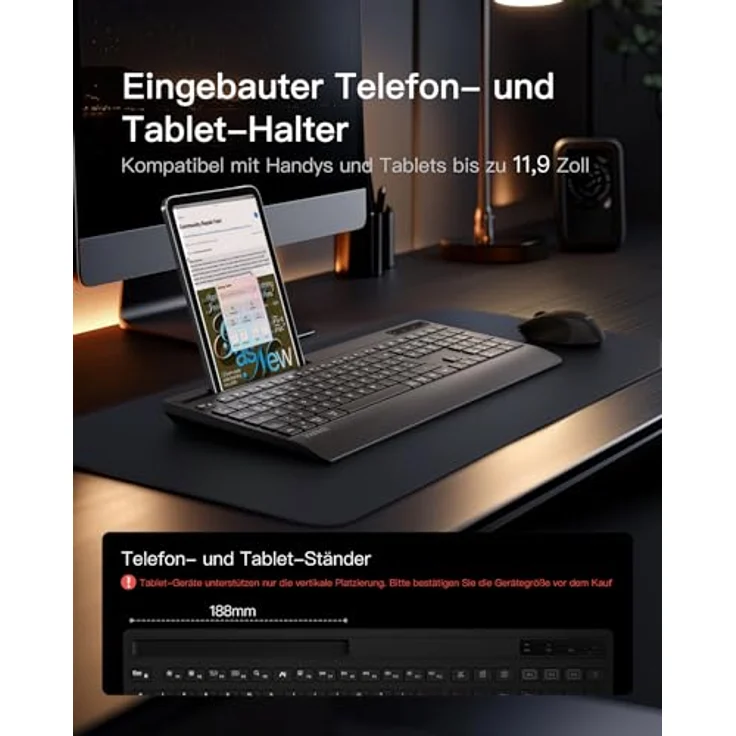 Inateck KB06006, Kabelloses Tastatur Maus Set mit Handballenauflage, QWERTZ, 3 Bluetooth-Kanälen, Geräuschlos, für Mac, Windows, Laptop und PC – Bild 3