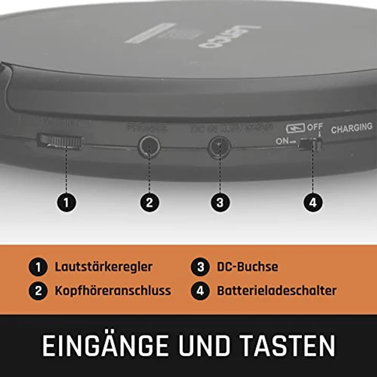 Lenco CD-Player CD-200 Discman mit LCD-Display, Batterie- und Netzfunktion, Inklusive Stereo-Kopfhörer, USB-Ladekabel Schwarz – Bild 3