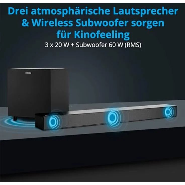 MEDION S61022 3.1 Dolby Atmos Soundbar mit kabellosen Subwoofer (für TV Geräte, Bluetooth 5.3, HDMI eARC CEC, optischer Eingang, AUX, 3 x 20 W + 60 W (RMS) Subwoofer kabellos, Fernbedienung – Bild 5