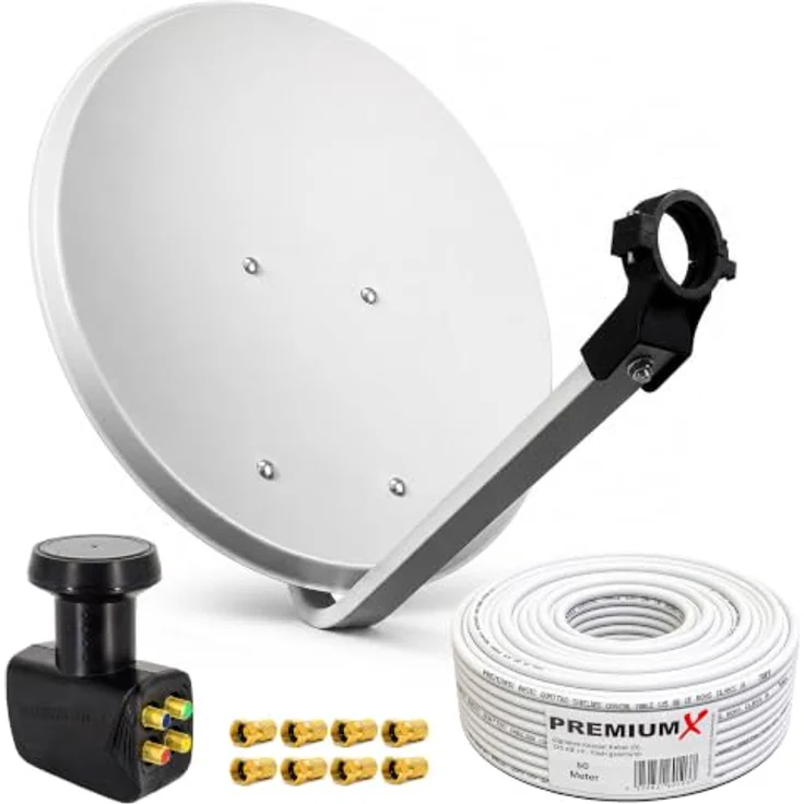 PremiumX Satelliten-Komplettanlage PXS80, 80cm hellgraue Satellitenschüssel für 4 Teilnehmer, inkl. Quad LNB und 50m Antennenkabel – Bild 1