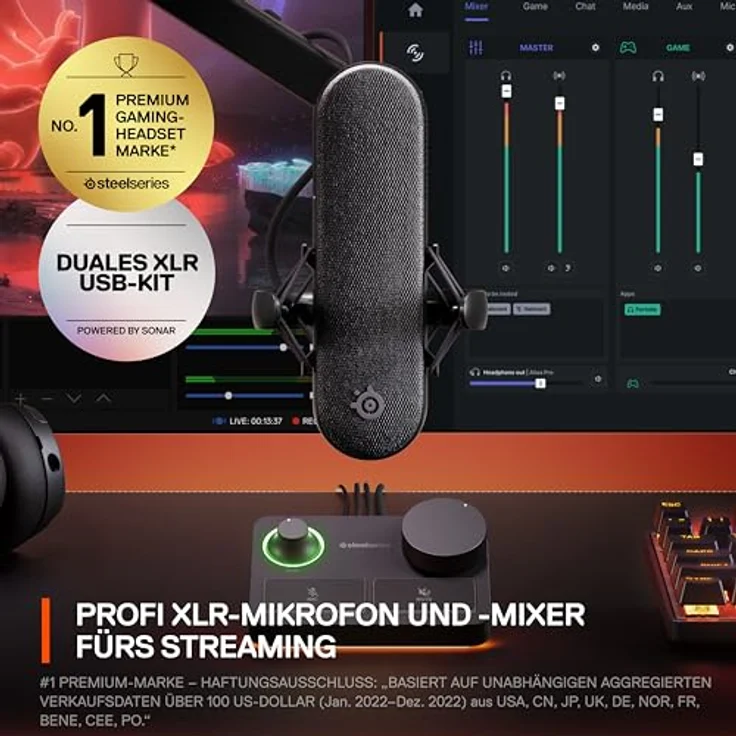 SteelSeries Alias Pro Kit – XLR-Mikrofon + Stream-Mixer – 3 Mal größere Kapsel fürs Gaming, Streaming und Podcasting – USB/XLR-Schnittstelle – Benutzerdefinierte Steuerung – RGB – Einzel- oder Dual-PC – Bild 2