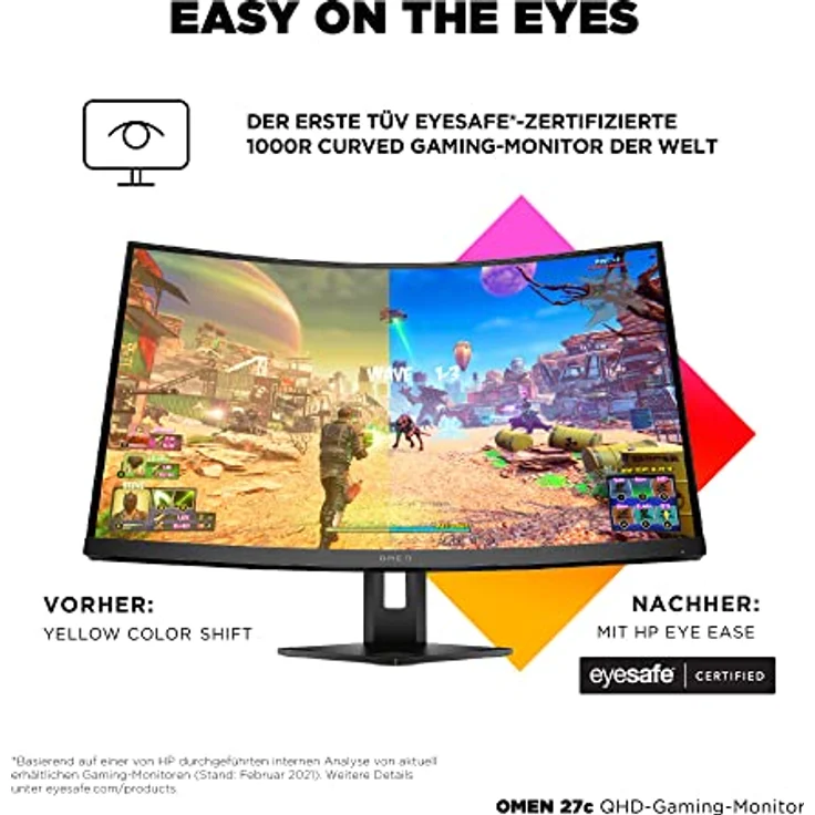 OMEN 27c Gaming Monitor - 27 Zoll Bildschirm, QHD Display, 240Hz, AMD FreeSync Premium Pro, 1 ms Reaktionszeit, HDMI 2.0, Display Port 1.4, 1x USB-C, 2x USB-A, curved, schwarz – Bild 2