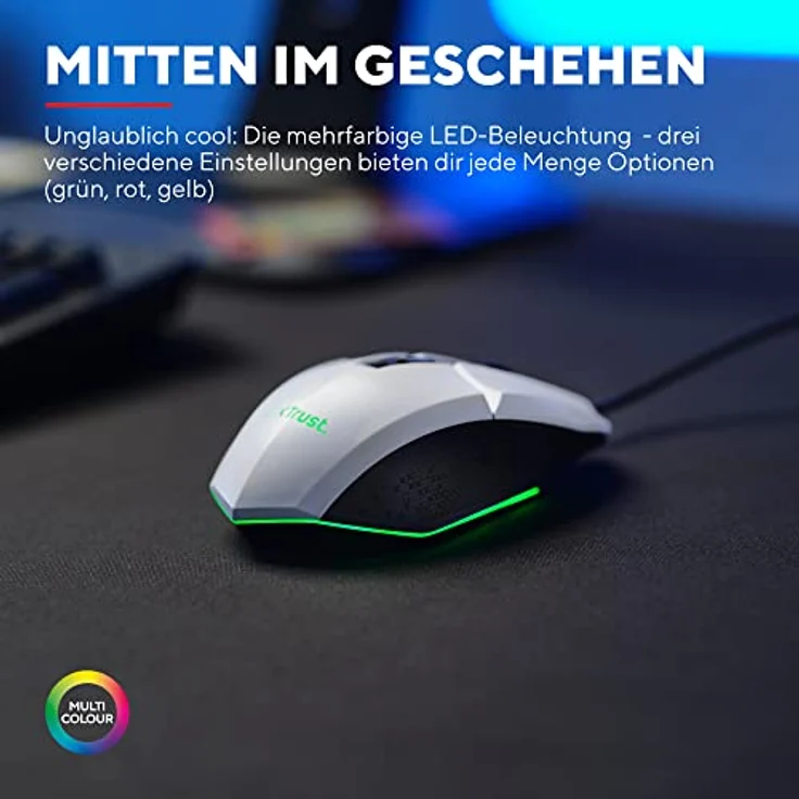Trust Gaming GXT 109W Felox Gaming Maus mit 6 Programmierbare Tasten, Mehrfarbige LED-Beleuchtung, 200-6400 DPI, USB Kabel 150 cm, PC Maus mit Integrierte Software für Computer/Laptop - Weiß – Bild 3