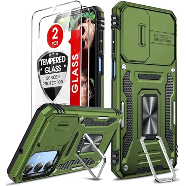 LeYi Hülle für Samsung Galaxy A16 5G, Militärstandard Schutzhülle mit 2x Glasschutzfolie, Dunkelgrün mit Kamera-Schiebeabdeckung und Handyhalterung – Bild 1
