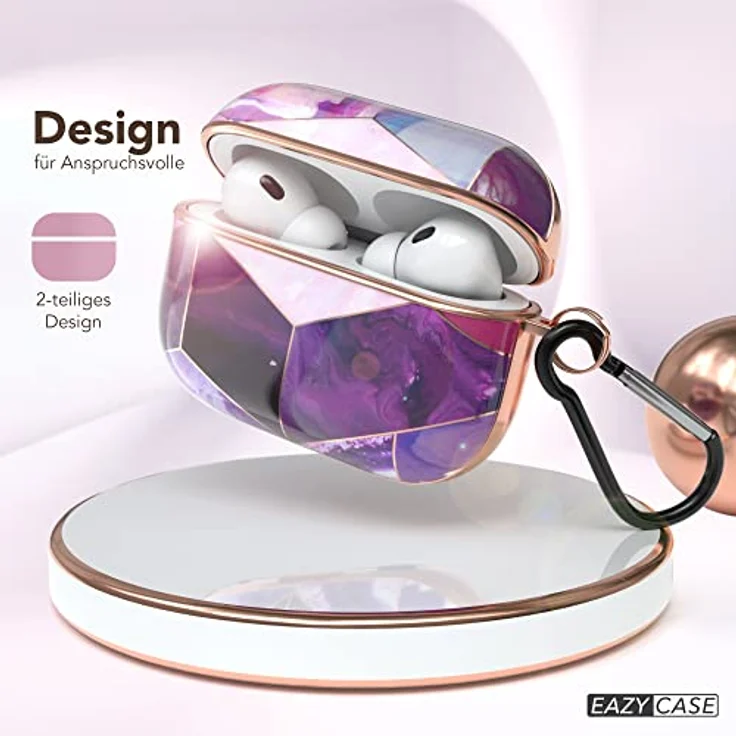 EAZY CASE - Schutzhülle für AirPods Pro 2 Hülle in Lila Marmor, Stoßfest mit Karabiner und Antikratz-Etui, rutschfestes Hardcase – Bild 2