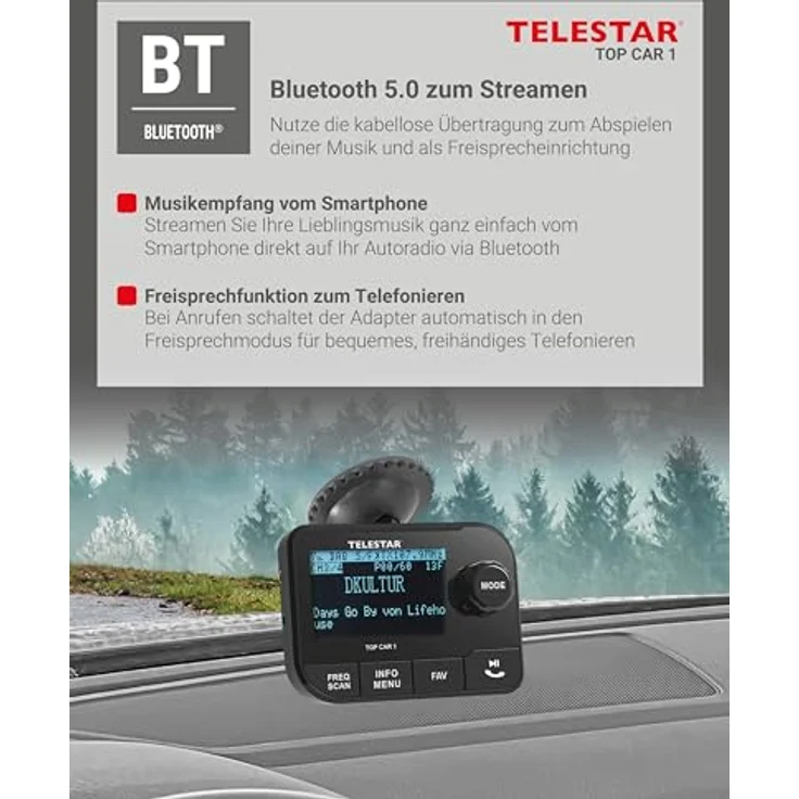Telestar TELESTAR TOP CAR 1 DAB+ Adapter, FM-Transmitter, Bluetooth 5.0, 2,3″ Display, microSD-Slot, Schwarz – Bild 5