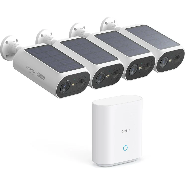 Aosu Solarcam System P1 SE, 4 Kamera Netzwerkkamera mit 2K QHD, Solarenergie und 32 GB Speicher, Weiss