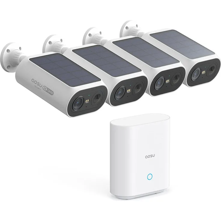 Aosu Solarcam System P1 SE, 4 Kamera Netzwerkkamera mit 2K QHD, Solarenergie und 32 GB Speicher, Weiss