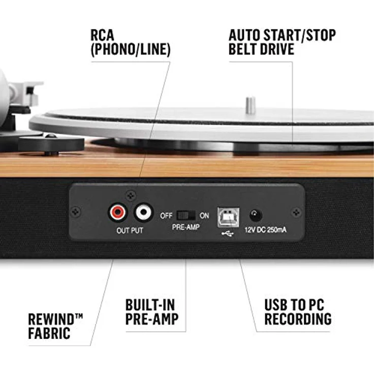 House of Marley Stir It Up Wireless Turntable Plattenspieler, Nachhaltig gefertigter Bambus Record player, Bluetooth, recycelter Rewind Stoff, USB zu PC-MAC Aufnahme, Staubschutz, bambus-schwarz – Bild 3