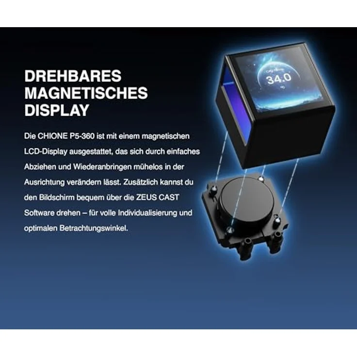 GAMDIAS CHIONE P5, 360-mm-AIO-CPU-Wasserkühler mit drehbarem magnetischem 3,4-Zoll-IPS-LCD-Display, ARGB-PWM-Lüftern und universeller Kompatibilität für Intel LGA 1851 und AMD AM5, Schwarz – Bild 5