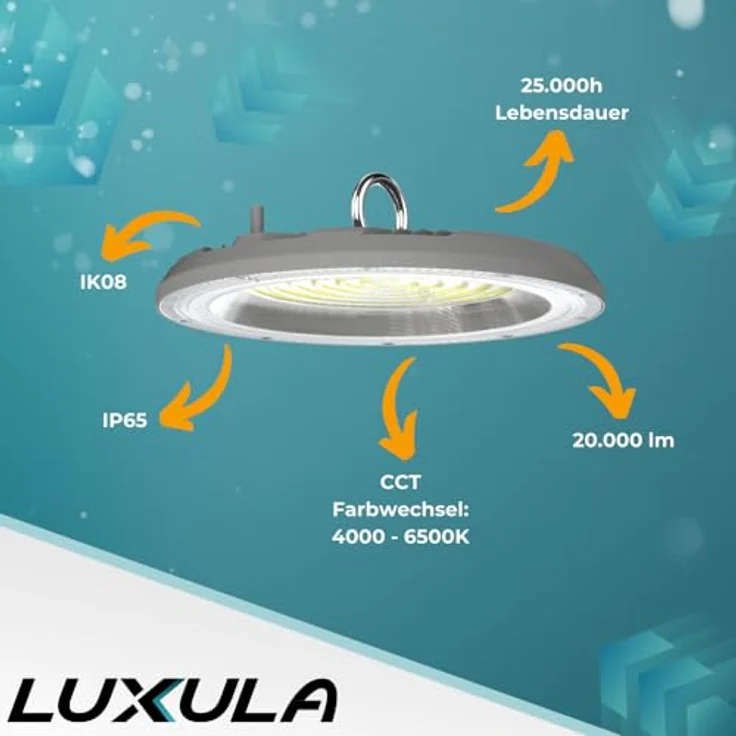 LUXULA Hallenstrahler LED Hallenleuchte 200W, 20000lm, Lichtfarbe einstellbar 3000K, 4000K, 6500K - IP65 IK08 - UFO Lampe High Bay Hallentiefstrahler, flexibel einsetzbar, wasserfest, robust - in verschiedenen Lichtfarben erhältlich – Bild 2