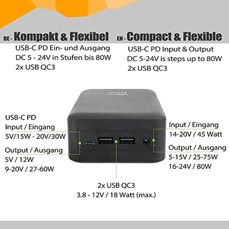 XTPower XT-27000DC-AO-PA Powerbank, ohne Unterbrechung, DC, Netzadapter inklusive, externer Akku DC 5 V bis 24 V + USB-C PD + 2 x USB QC3 mit 26800 mAh – für Lautsprecher Radio Fotografen – Bild 2