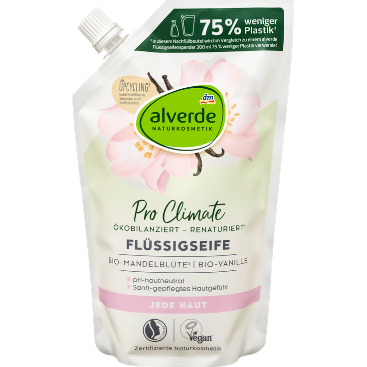 alverde Naturkosmetik Flüssigseife Nachfüllpack Mandelblüte & Vanille, sanft pflegend, vegan, 500 ml