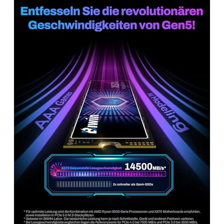 BIWIN Black Opal X570 Gen5 Gaming SSD 1TB - M.2 2280 NVMe PCIe 5.0, bis zu 14000 MB/s Lesen, 3D TLC NAND, DRAM-loses Design, 5 Jahre Garantie – Bild 3