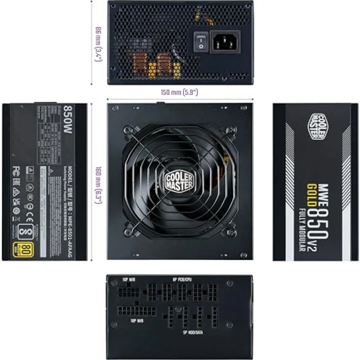Cooler Master MWE Gold 850 V2 ATX 3.1 Vollmodulares Netzteil – 80 Plus Gold, 850 Watt, PCIe 5.1-Verkabelung, 120 mm HDB-Lüfter, Hochtemperaturschwelle – Bild 3