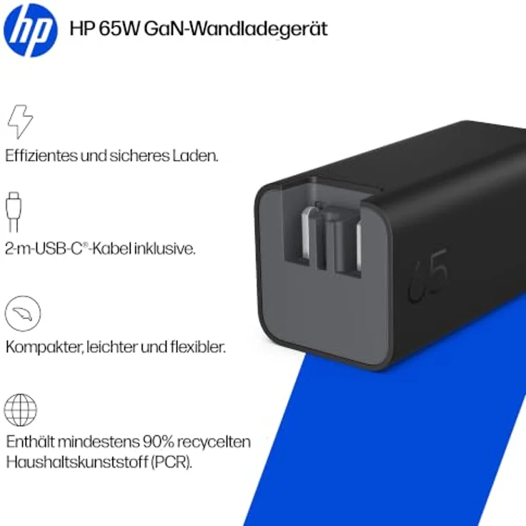 HP CS9V8AA, 100W Gallium Nitride Wall Charger mit 2 m USB-C®-Kabel, schwarz, effizientes und sicheres Laden – Bild 2