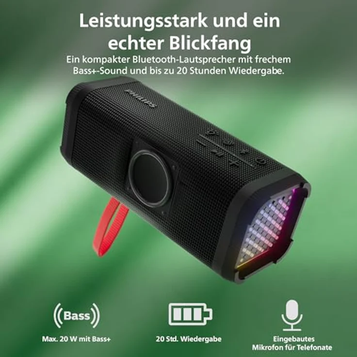 Philips TAS2000B, kabelloser Bluetooth-Lautsprecher mit 20 W Bass+, LED-Lichtshow, IPX5 spritzwassergeschützt, 20 Std. Wiedergabezeit, Mikrofon, App-Steuerung – Schwarz – Bild 3
